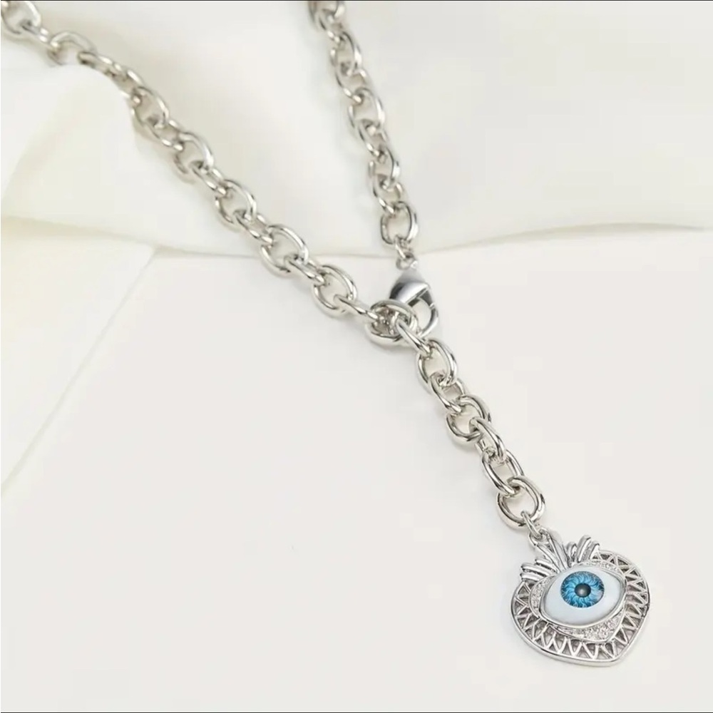 Silver Heart Shaped Evil Eye Pendant Necklace - Picture 5 of 5